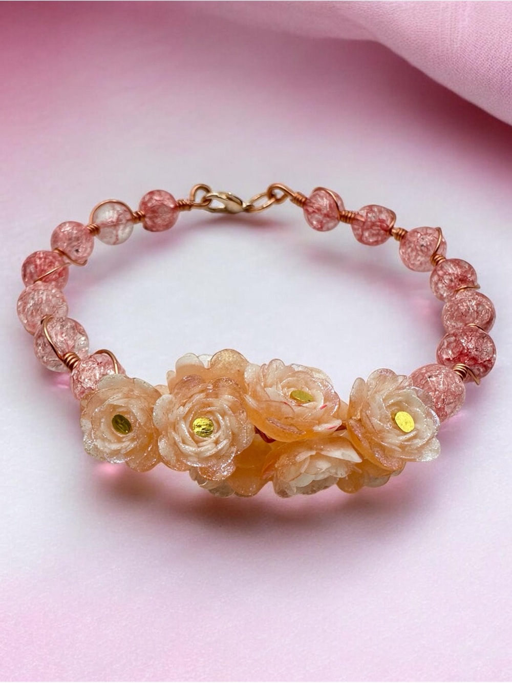 Pink Crystal Beaded Rose Flower Bracelet Copper Wire Handmade Jewelry